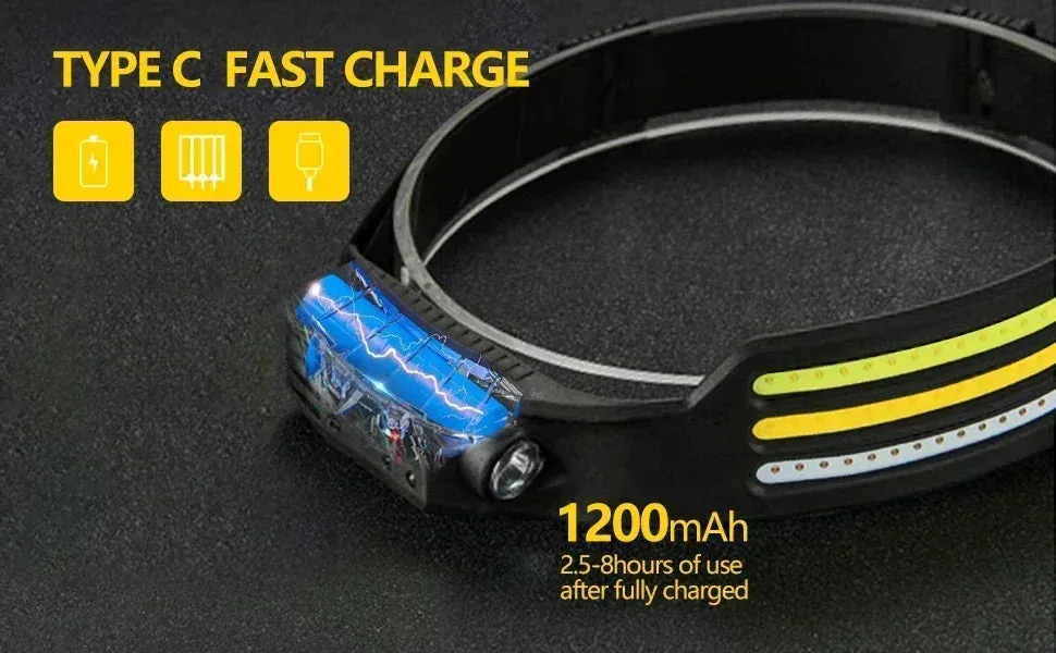 USB Rechargeable LED Sensor Headlamp, 1200mAh Battery, Waterproof Outdoor Camping & Fishing Headlight
