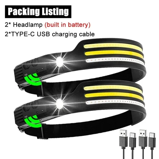 USB Rechargeable LED Sensor Headlamp, 1200mAh Battery, Waterproof Outdoor Camping & Fishing Headlight