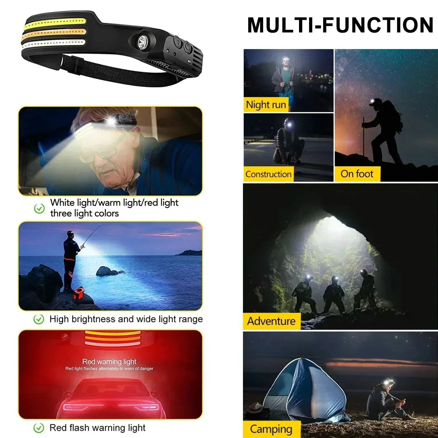 USB Rechargeable LED Sensor Headlamp, 1200mAh Battery, Waterproof Outdoor Camping & Fishing Headlight