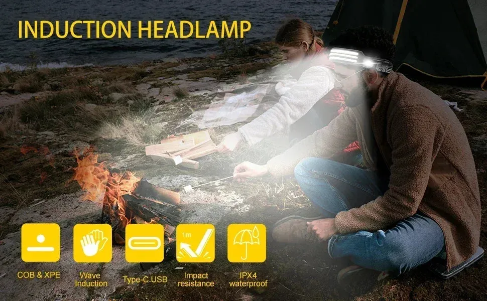 USB Rechargeable LED Sensor Headlamp, 1200mAh Battery, Waterproof Outdoor Camping & Fishing Headlight