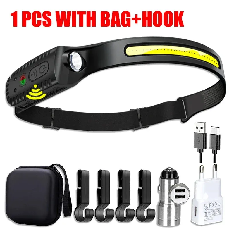 USB Rechargeable LED Sensor Headlamp XPE COB Headlight Led Head Torch Camping Search Light Head Flashlight for Fishing Lantern