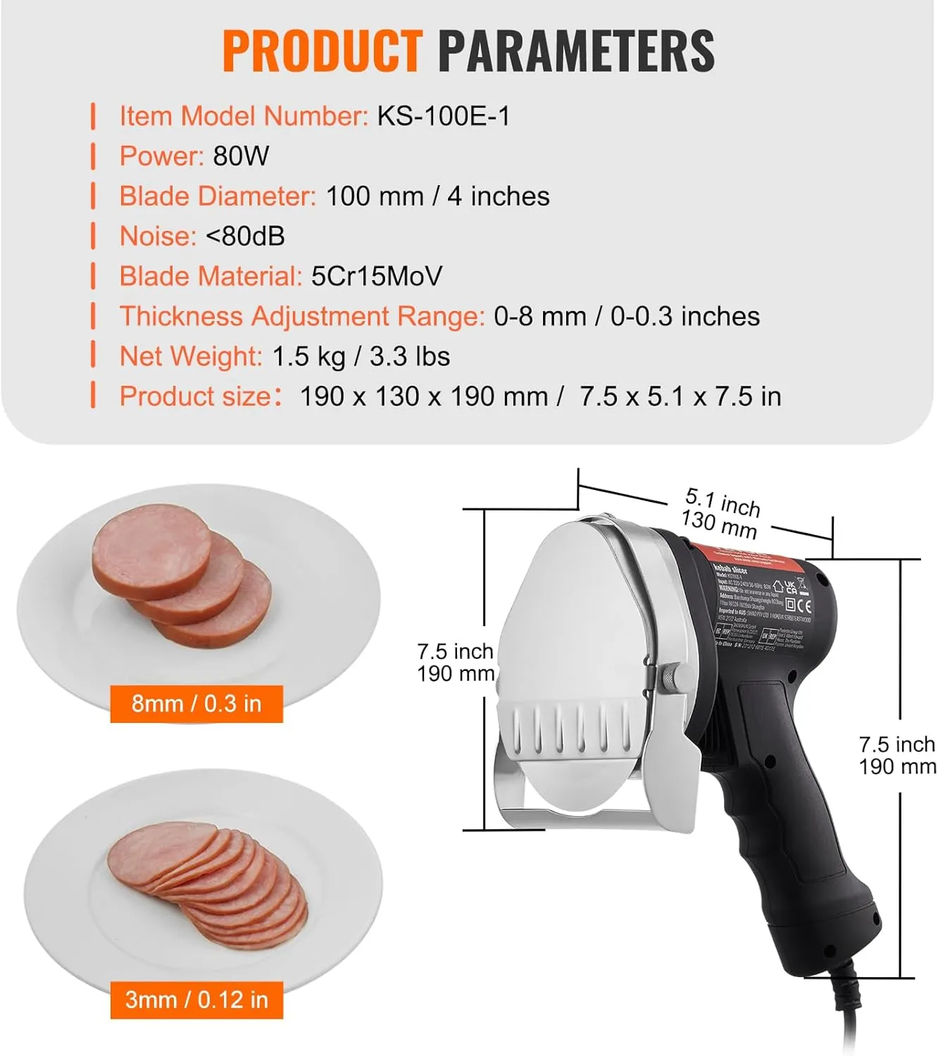 VEVOR Electric Shawarma Knife, 80W Professional Turkish Kebab Knife, Commercial Stainless Steel Gyro Cutter, Doner Kebab Meat Slicer with 2 Blades, Φ4/100mm Blade Diameter, 0-8mm Adjustable Thickness