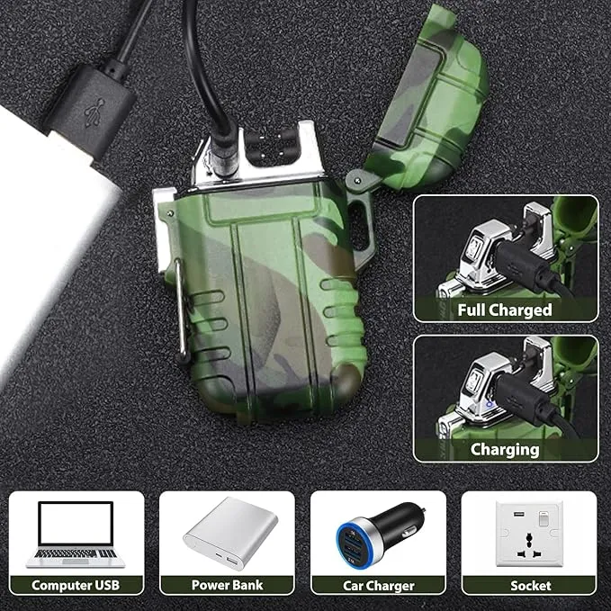 Waterproof Flameless Electric Lighter-Dual Arc Plasma Beam Lighter-USB Rechargeable-Windproof-No Butane-Ideal Lighter for Indoor and Outdoor Activities (Camouflage)