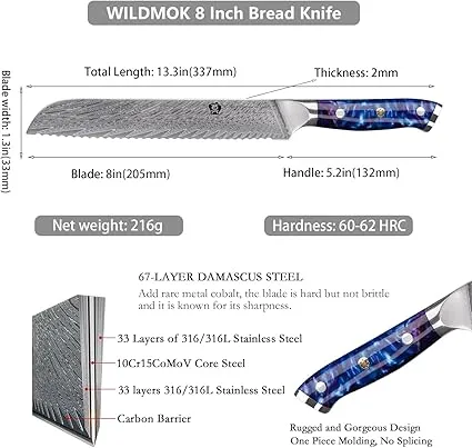WILDMOK Serrated Bread Knife, 8 inch 67-Layer Damascus Steel Bread Knife, Ergonomic Strong durable resin handle with Luxury Gift Box