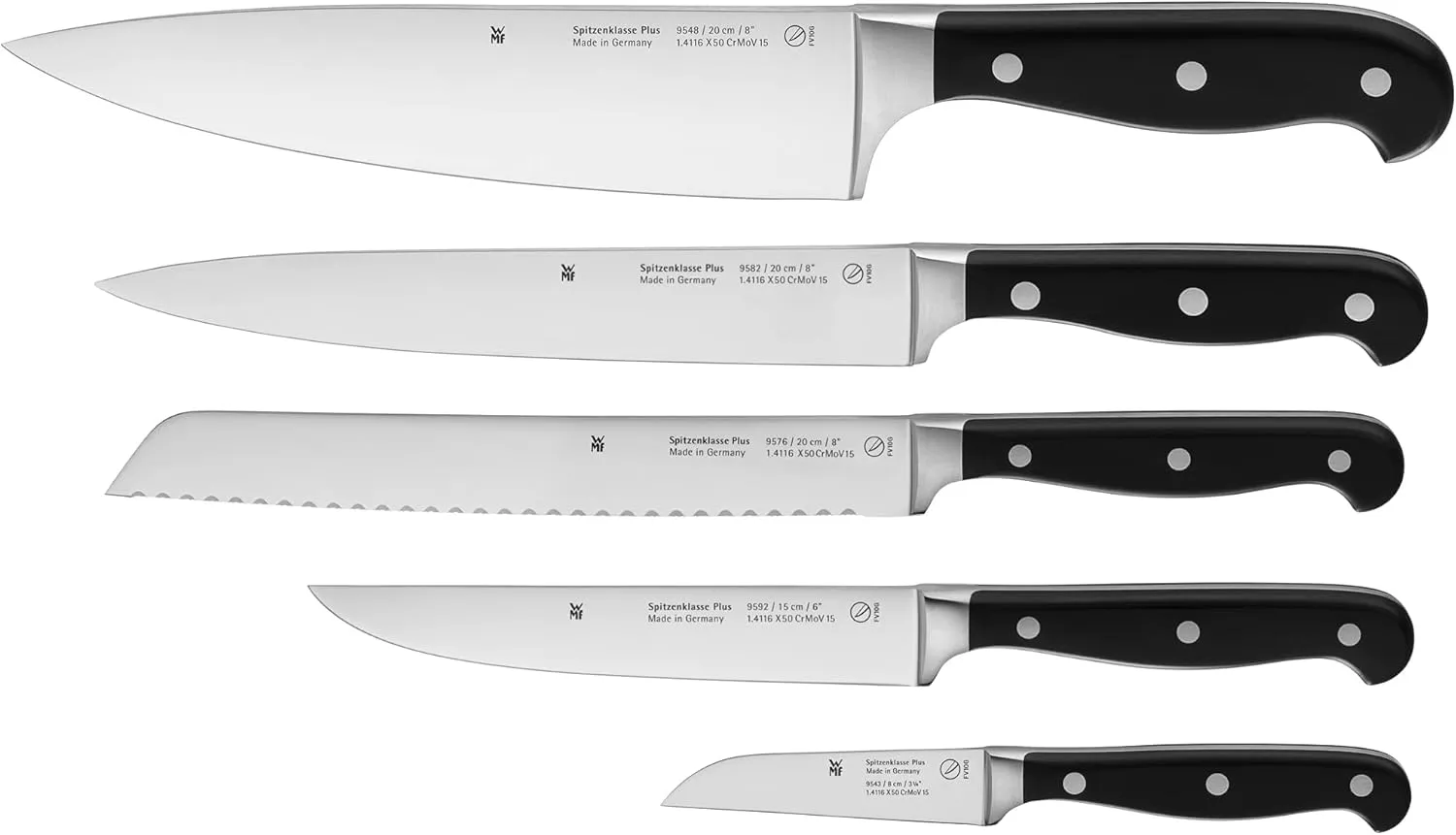 WMF Knife Set 5-Piece Spitzenklasse Plus Performance Cut Double Serrated Edge Made in Germany Forged Special Blade Steel - Stainless Steel Rivets Quality Plastic Handles
