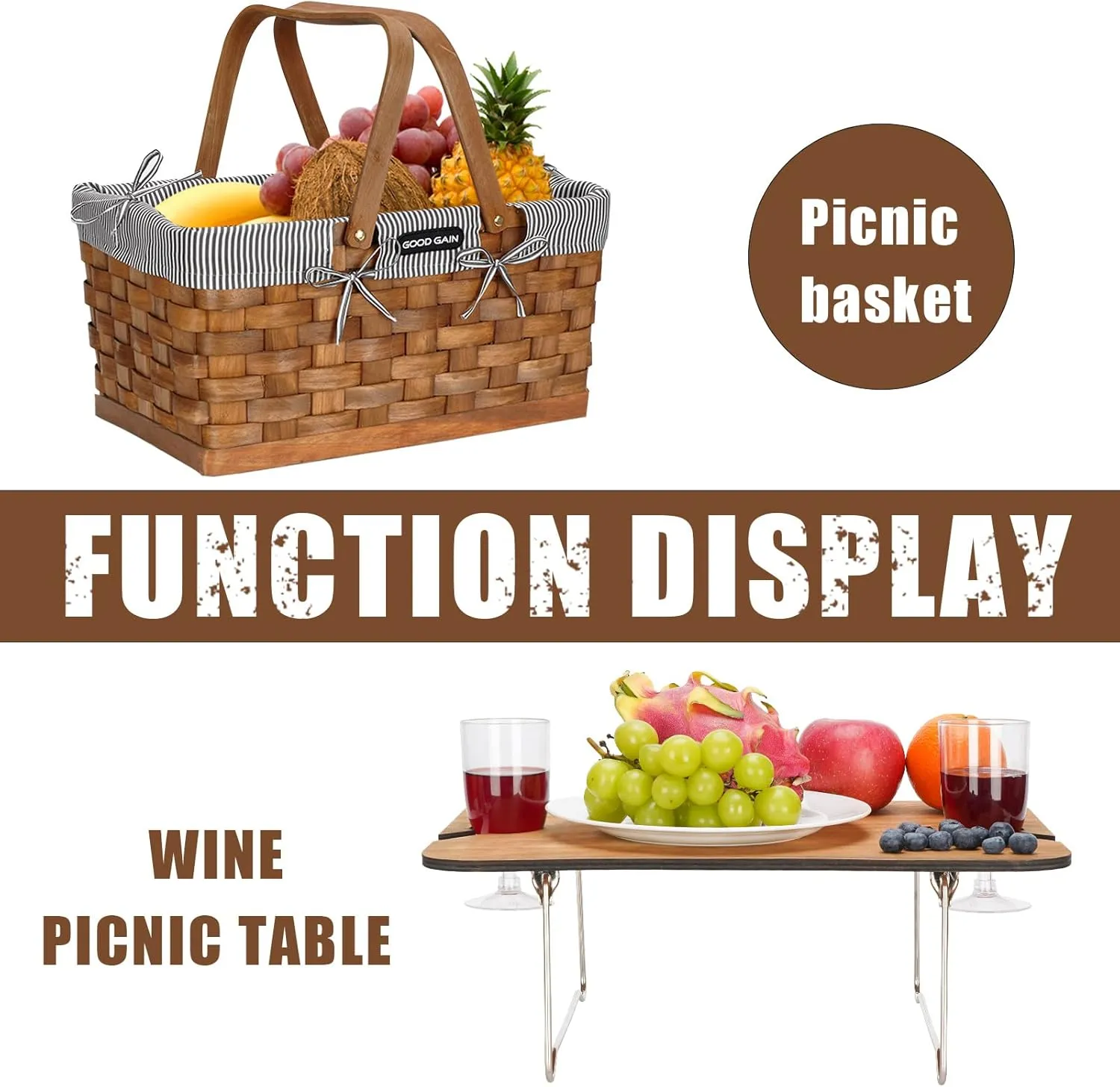Woodchip Picnic Basket for 2 with Portable Wine Table, Woven Basket with Double Swing Handles & Removable Cutlery Service Kit, Large Basket for Picnic, Camping, Family, Wedding Gifts for Couple,Grey