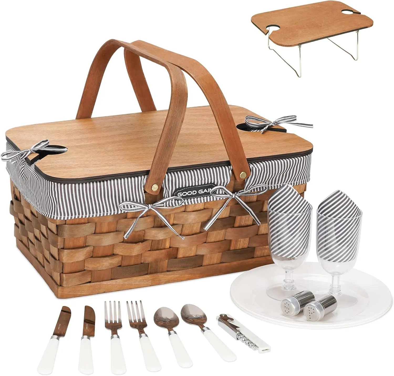 Woodchip Picnic Basket for 2 with Portable Wine Table, Woven Basket with Double Swing Handles & Removable Cutlery Service Kit, Large Basket for Picnic, Camping, Family, Wedding Gifts for Couple,Grey