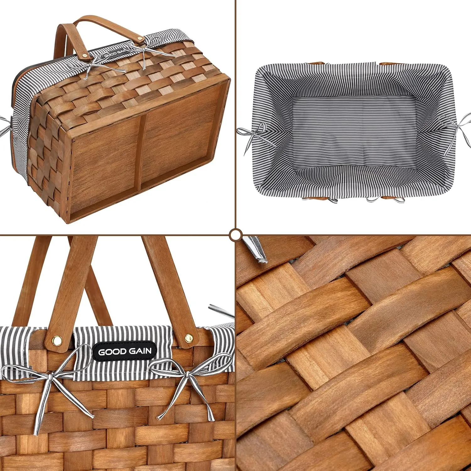 Woodchip Picnic Basket for 2 with Portable Wine Table, Woven Basket with Double Swing Handles & Removable Cutlery Service Kit, Large Basket for Picnic, Camping, Family, Wedding Gifts for Couple,Grey