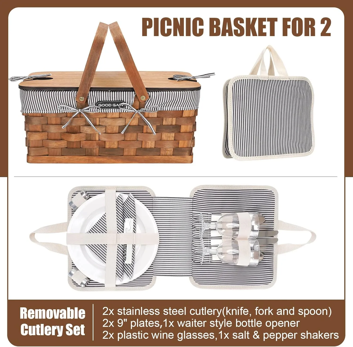 Woodchip Picnic Basket for 2 with Portable Wine Table, Woven Basket with Double Swing Handles & Removable Cutlery Service Kit, Large Basket for Picnic, Camping, Family, Wedding Gifts for Couple,Grey