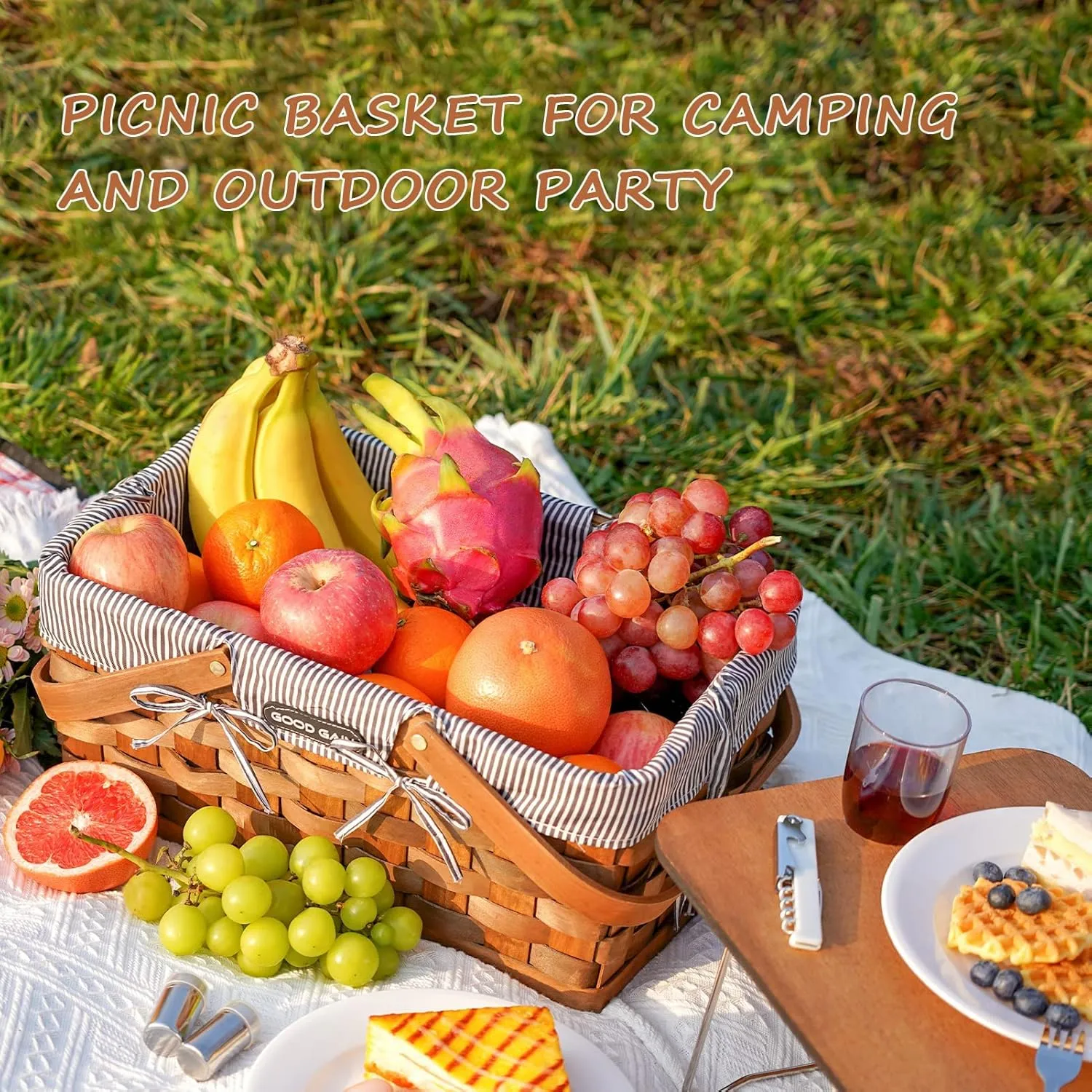 Woodchip Picnic Basket for 2 with Portable Wine Table, Woven Basket with Double Swing Handles & Removable Cutlery Service Kit, Large Basket for Picnic, Camping, Family, Wedding Gifts for Couple,Grey