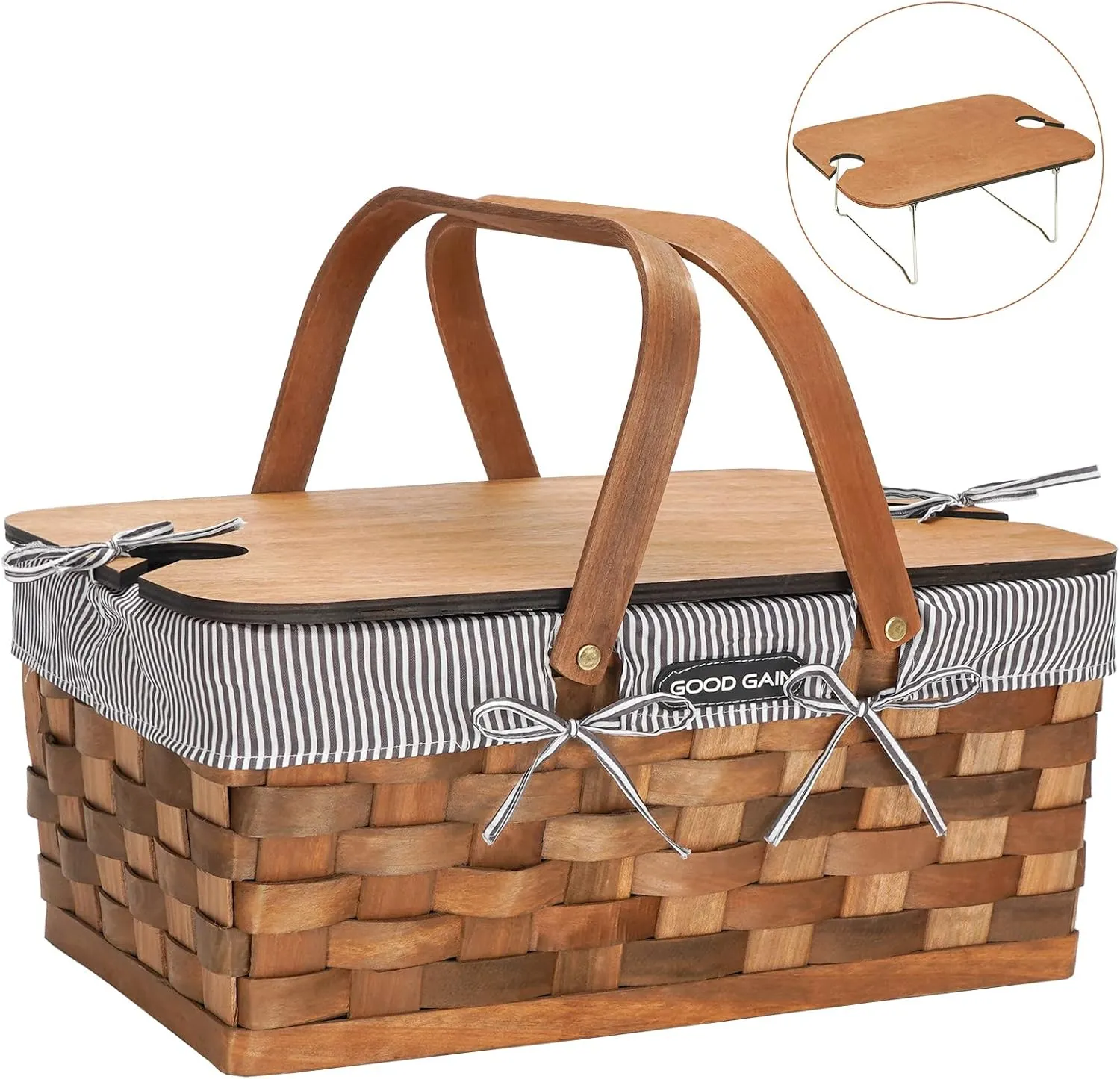 Woodchip Picnic Basket for 2 with Portable Wine Table, Woven Basket with Double Swing Handles & Removable Cutlery Service Kit, Large Basket for Picnic, Camping, Family, Wedding Gifts for Couple,Grey