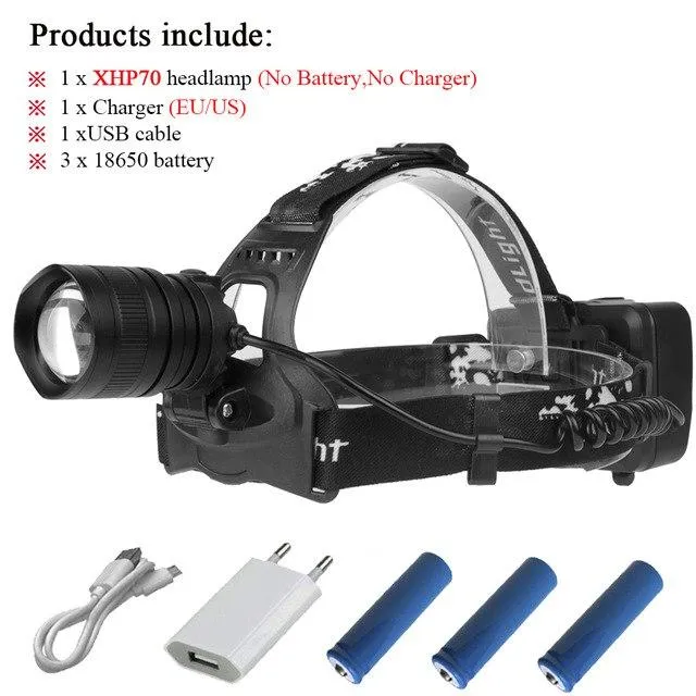 xhp70 headlights led headlamp super bright 20000lm usb charging zoom Head Torch xhp70 lantern 18650 battery hunting camping
