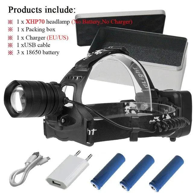 xhp70 headlights led headlamp super bright 20000lm usb charging zoom Head Torch xhp70 lantern 18650 battery hunting camping
