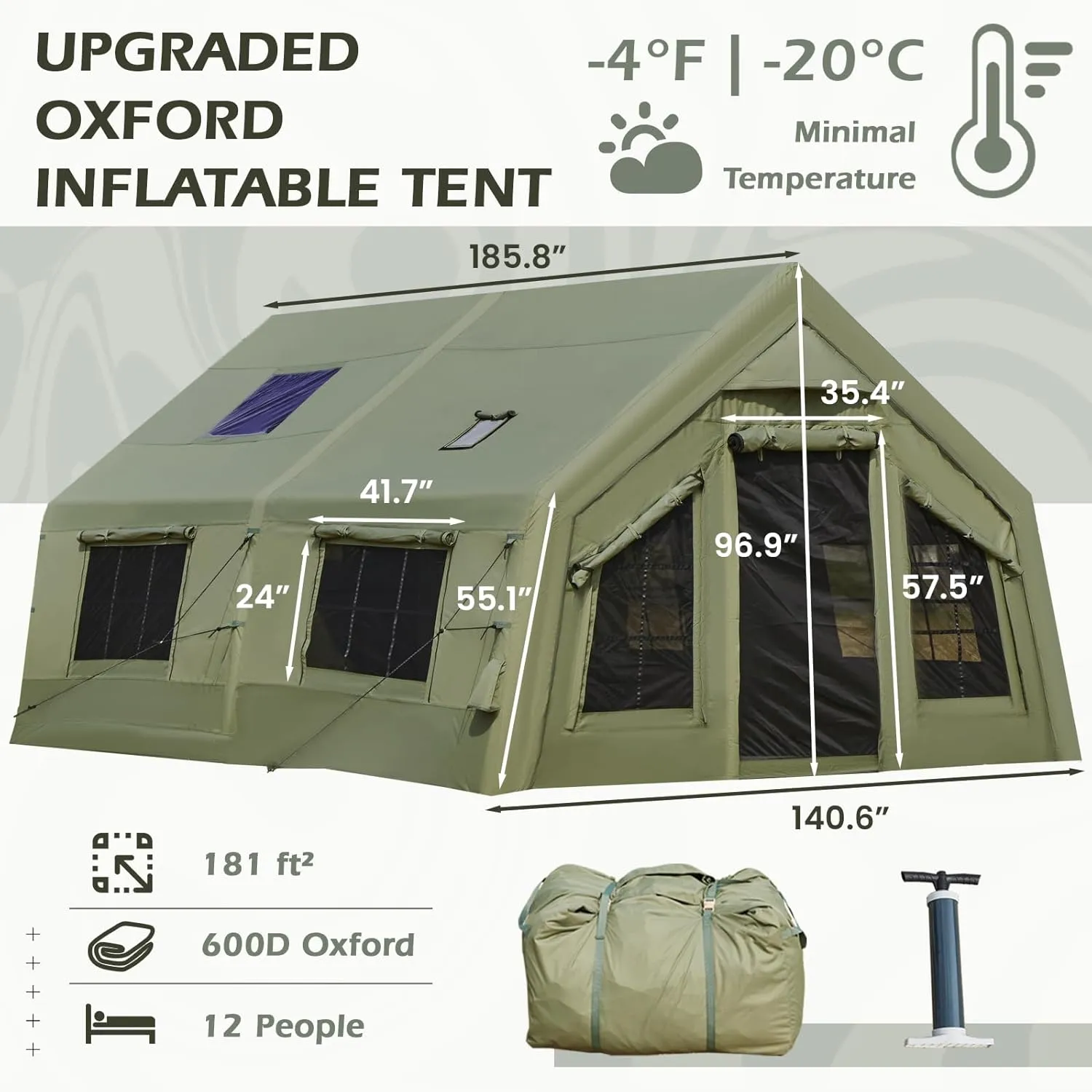 YOLENY Inflatable Tents for Camping, 4/6/8/10/12 Person Tent with TPU Skylight, Mesh Windows, Stove Jack & Pump, Easy Setup 4 Season Glamping Tent, Waterproof & Windproof
